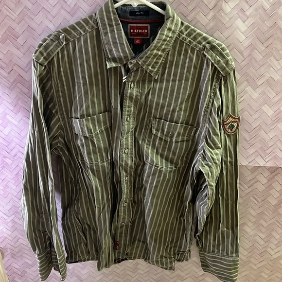 Tommy Hilfiger DENIM Striped Khaki Green Men's Western Shirt, 2007 Large - Picture 1 of 6